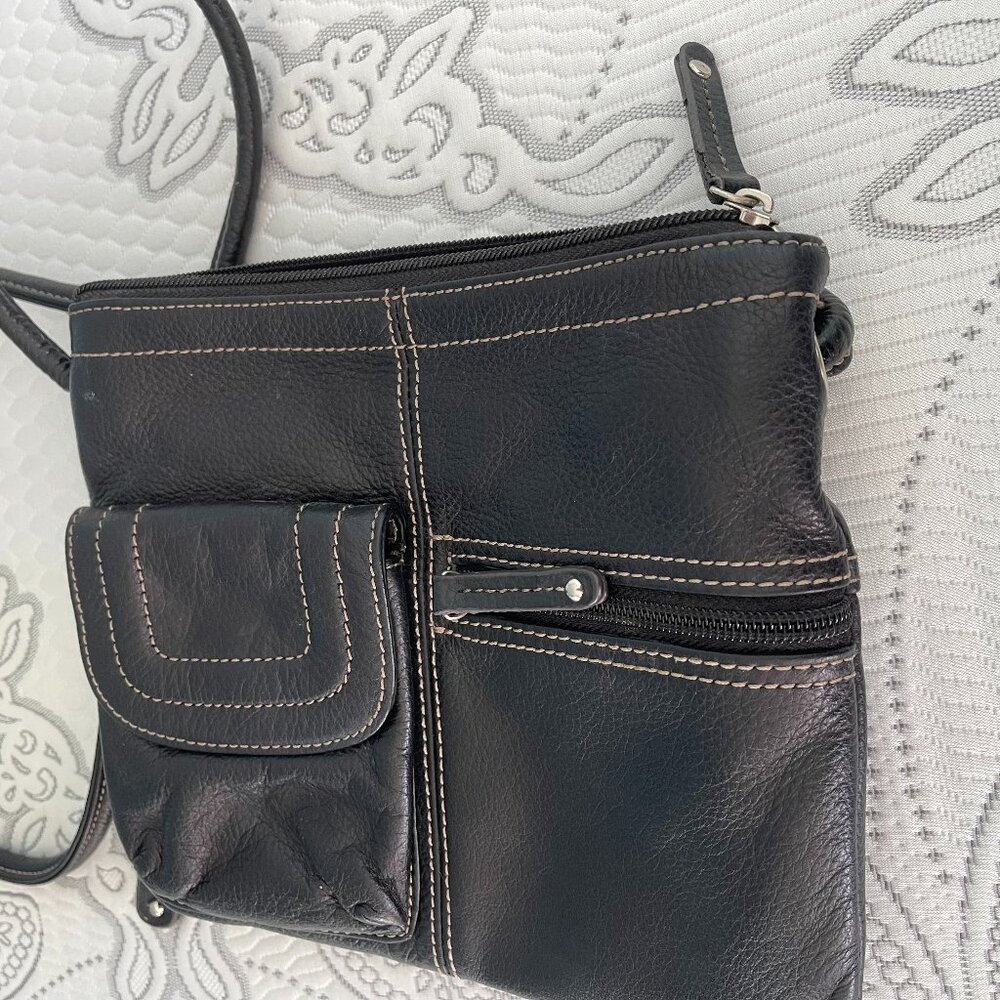 Tignanello Black Leather Pebbled Crossbody Purse 9" wide 8" height